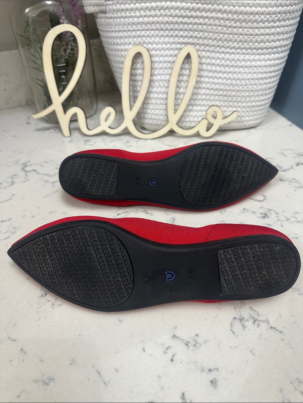 Rothy's Red Pointed Knit Flats with Blue Heel Trim - Picture 5 of 5